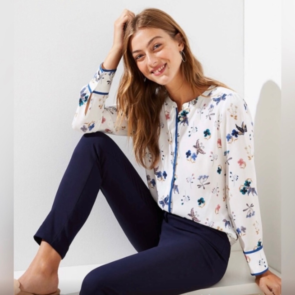 Loft Floral Butterfly Print Long Sleeve White Blouse Size M